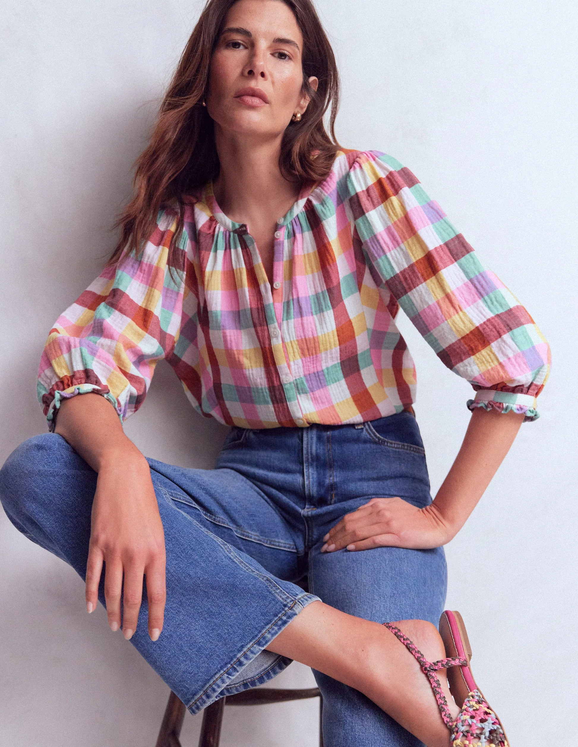 Camille Double Cloth Top-Ivory, Pink, Red Multi Gingham | Boden (US)