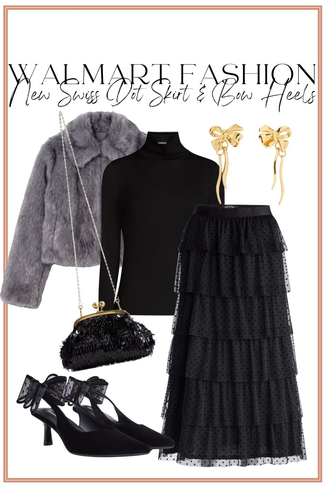 This new Walmart fashion outfit is SO good for the holidays! 🖤✨ The Swiss dot tiered midi skirt paired with a classic black turtleneck, faux fur jacket and the cutest bow heels makes such a pretty elevated look. 🎀 I’m also loving the little statement bag + gold bow earrings! Such a chic Walmart outfit for holiday parties, Christmas events, winter weddings and more!

#walmartfashion #walmartfinds #walmartstyle #walmartfashionfinds #holidayoutfit #holidaystyle #christmasoutfit #midskirt #bowheels #affordablefashion #winteroutfit