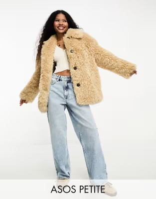 ASOS DESIGN Petite curly faux sheepskin jacket in sand | ASOS (Global)