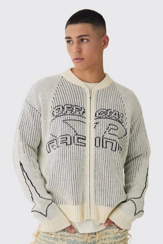 Oversized Boxy Two Toned Ribbed Knitted Bomber Jacket | boohooMAN (DE, IE & UK)