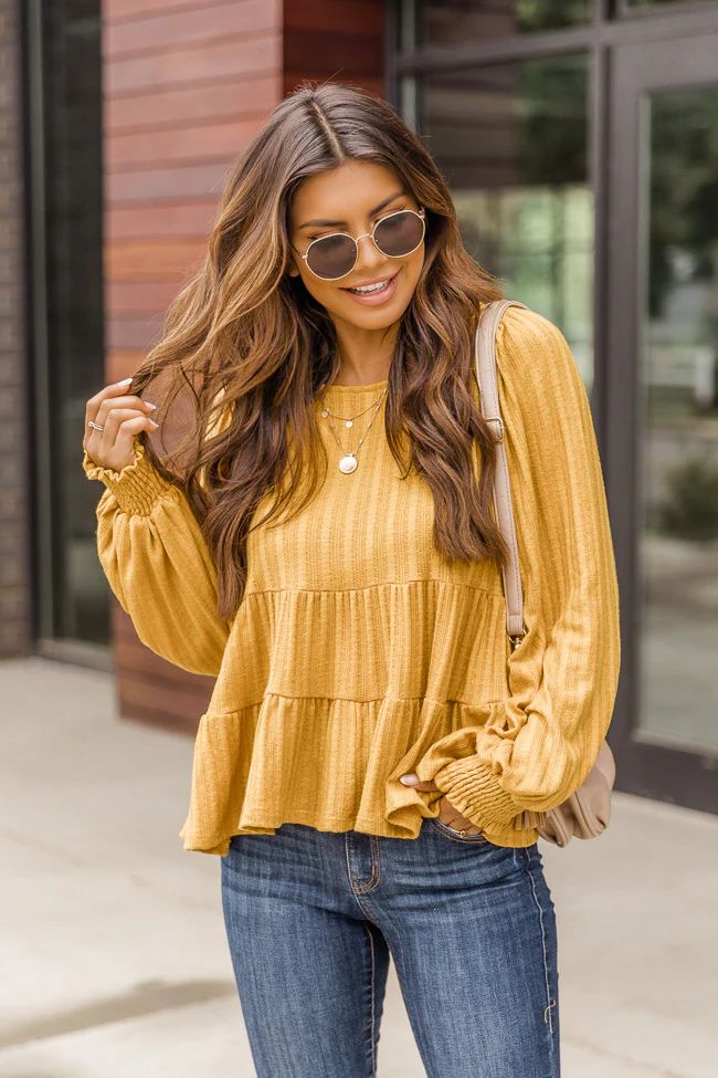 Opposite Sides Mustard Tiered Pointelle Knit Blouse | The Pink Lily Boutique