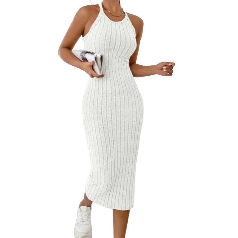 Purcolt Womens Ribbed Knit Halter Dress Summer Casual Sleeveless Stretchy Bodycon Maxi Dresses Be... | Walmart (US)