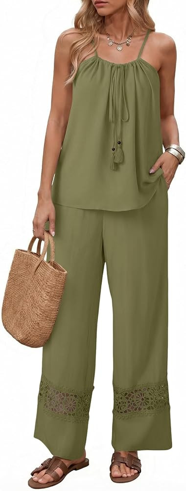 Dokotoo 2 Piece Sets for Women Summer Spaghetti Strap Tie Knot Top Lace Wide Leg Pants Set | Amazon (US)