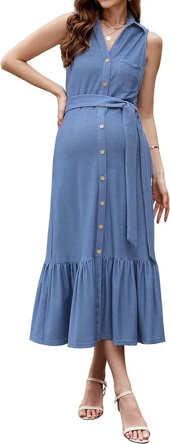 OUGES Womens 2025 Spring Maternity Dress Polo V Neck Sleeveless Ruffle Button Pregnancy Casual Wo... | Amazon (US)