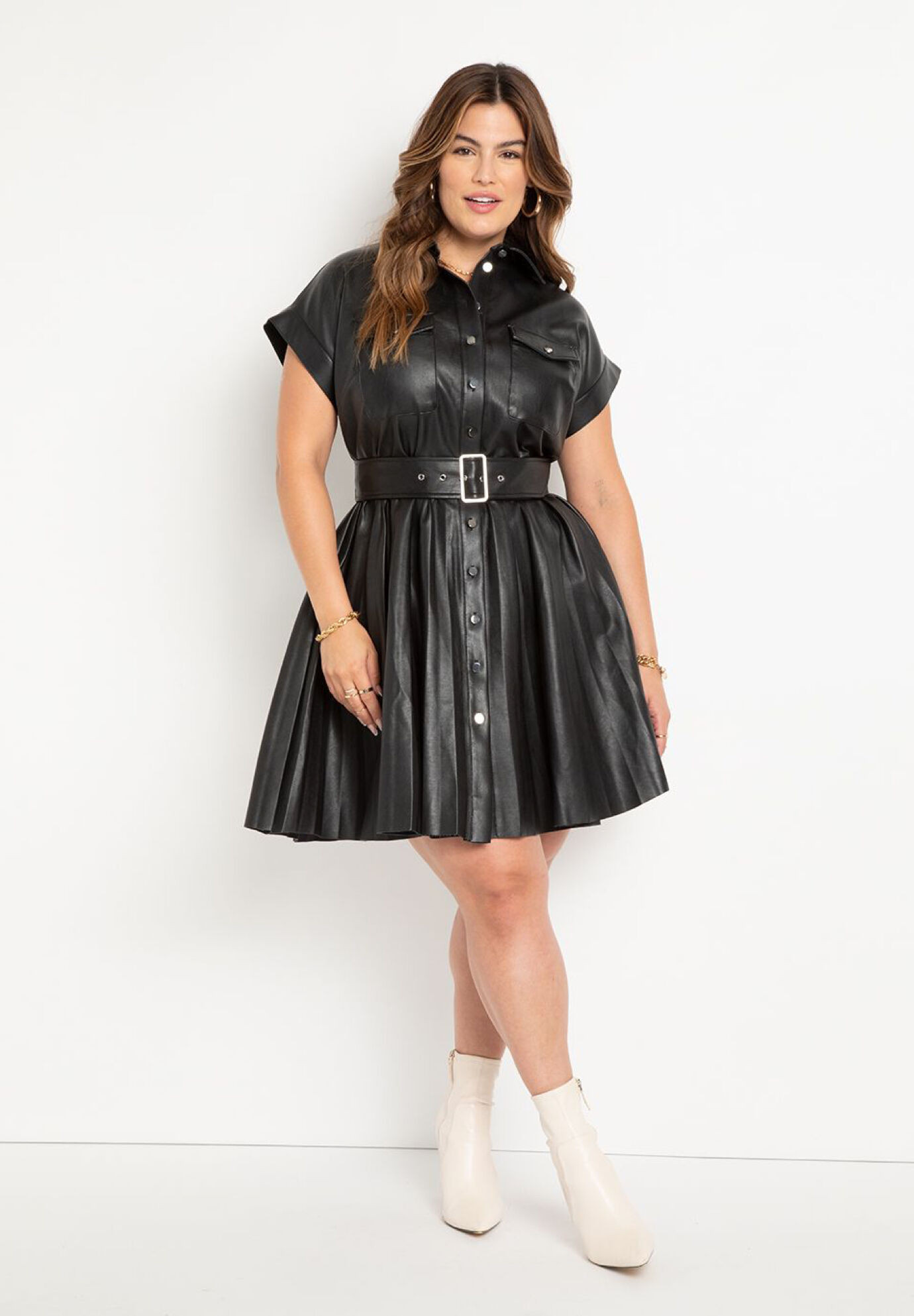 Faux Leather Dress With Pleated Skirt | Eloquii