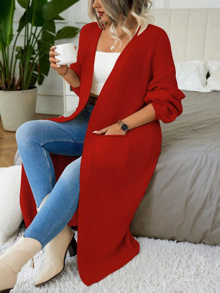 Plus Size Casual Solid Color Drop Shoulder Loose Patchwork Pocket Long Cardigan Sweater For New Y... | SHEIN