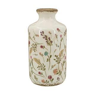 8 in. H White Ceramic Cylinder Decorative Vase with Floral Motifs for Living Room Dining Room and... | The Home Depot