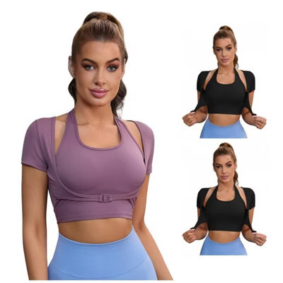 INSPIRE CHIC 3 Packs Women's Halter Neck Push Up Sports Bra Short Sleeve Workout Crop Top Fitness T Shirt 2 Black 1 Purple X-Large | Target