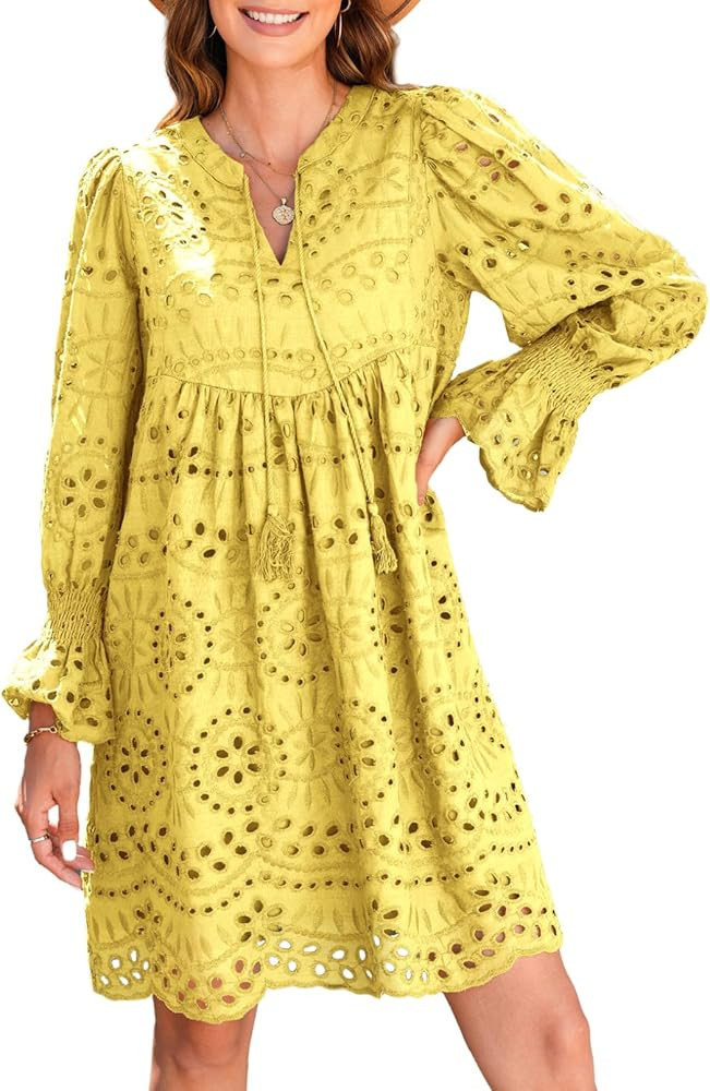 Dokotoo Womens 2024 Casual Dress Tassel V Neck Long Sleeve A Line Hollow Out Lace Ruffle Party Dr... | Amazon (US)