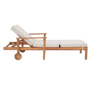 Willow Glen Farmhouse Wood Outdoor Patio Chaise Lounge with Wheels and Beige Cushions | The Home Depot