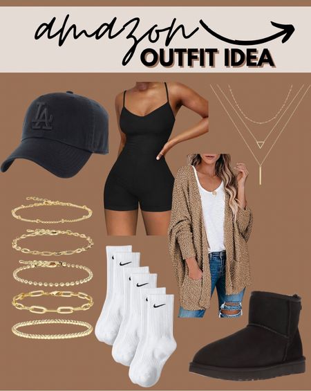 Amazon outfit idea, fall outfit, mom outfit, mom style, bump friendly, black romper, tan cardigan, black mini Uggs, back hat, gold jewelry, travel outfit 

#LTKstyletip #LTKSeasonal #LTKshoecrush