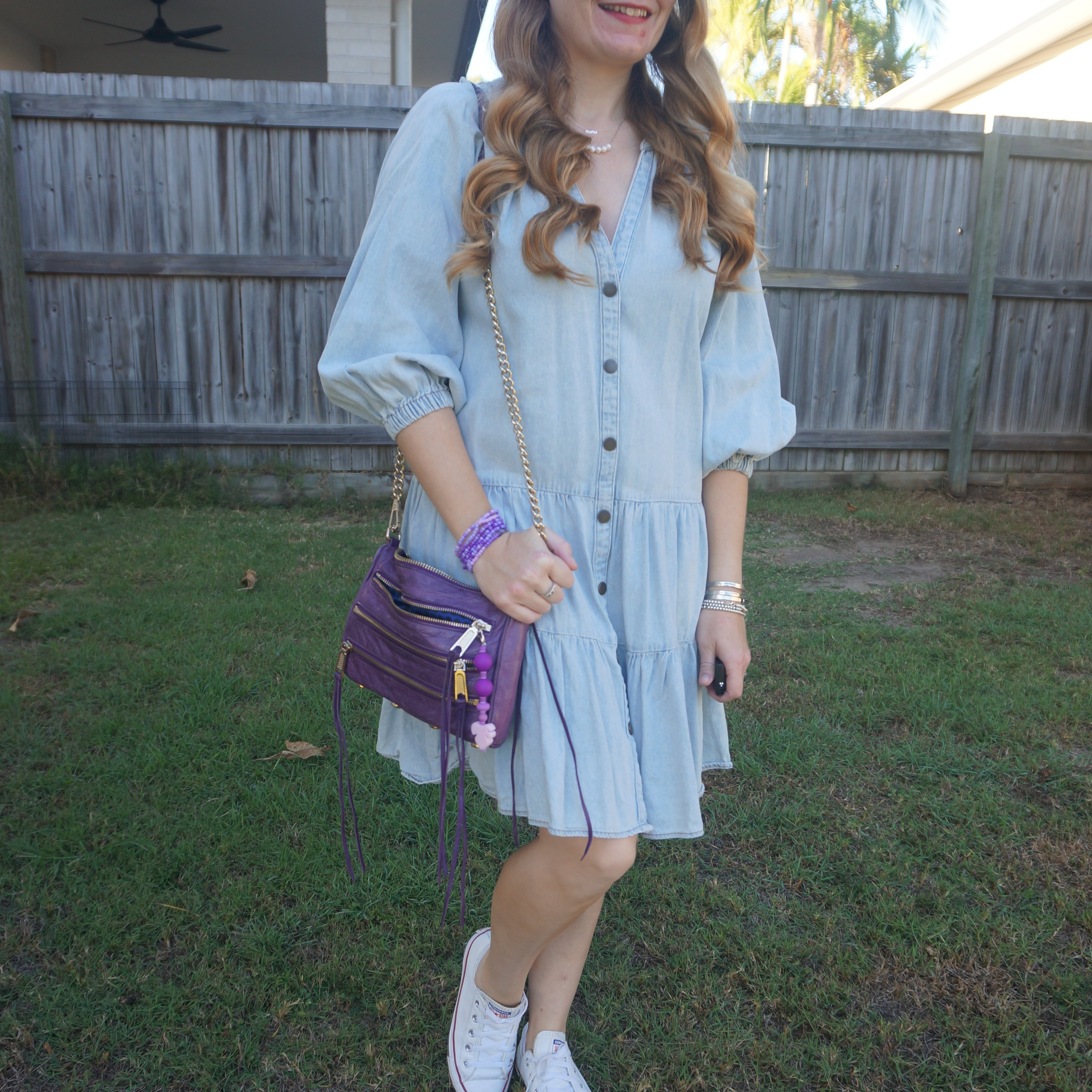 Purple Rebecca Minkoff mini 5-zip bag again with Target tiered denim dress and Converse 💙💜

#LTKshoes #LTKbag #LTKdresses