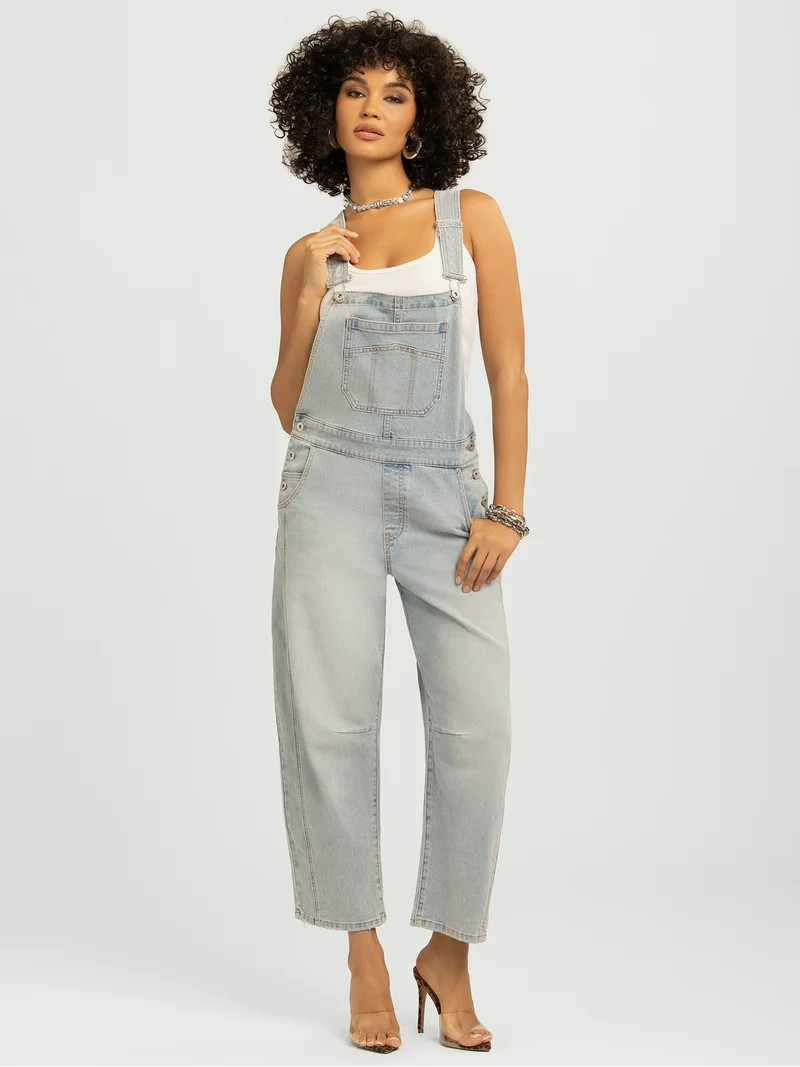 Jessica Simpson Women's Cropped Barrel Leg Denim Overalls, 26" Inseam, Size XS-XL | Walmart (US)