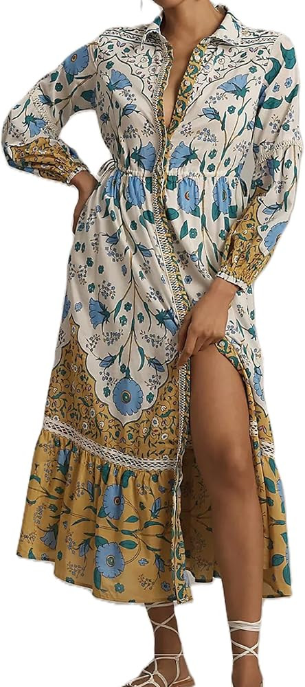 Women Boho Puff Sleeve Floral Long Dress Cute Turndown Neck Buttons Flowy Maxi Dress Vintage Tier... | Amazon (US)
