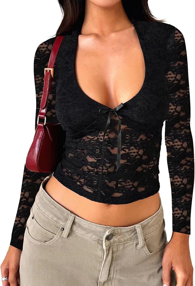 Women's Lace Long Sleeve Shirt Low Cut Y2K Slim Fit Top Bow Sexy Going Out Club Concert Clothes | Amazon (US)