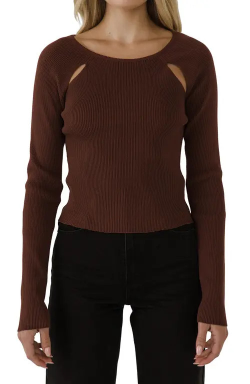 Endless Rose Double Cutout Long Sleeve Knit Top in Brown at Nordstrom, Size X-Small | Nordstrom