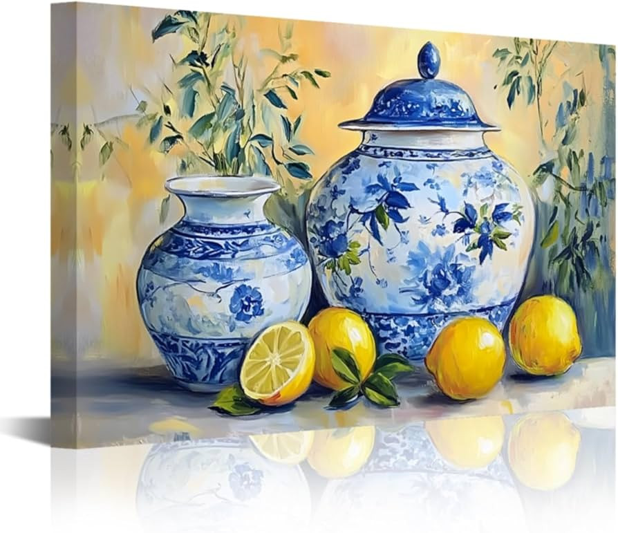 LZIMU Lemon Wall Art Kitchen Picture Citrus Fruit Canvas Prints Yellow Lemon with Pottery Blue Cl... | Amazon (UK)