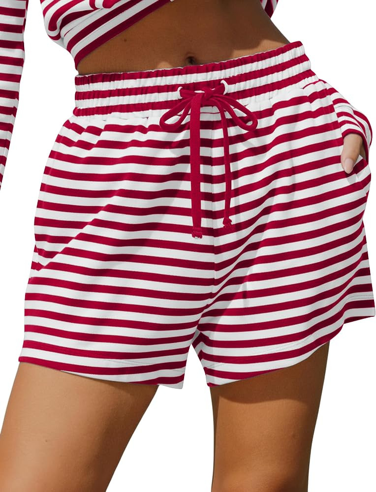 HOCANDY Womens Striped Shorts Drawstring Elastic High Waist SweatShorts Baggy Lounge Workout Shor... | Amazon (US)
