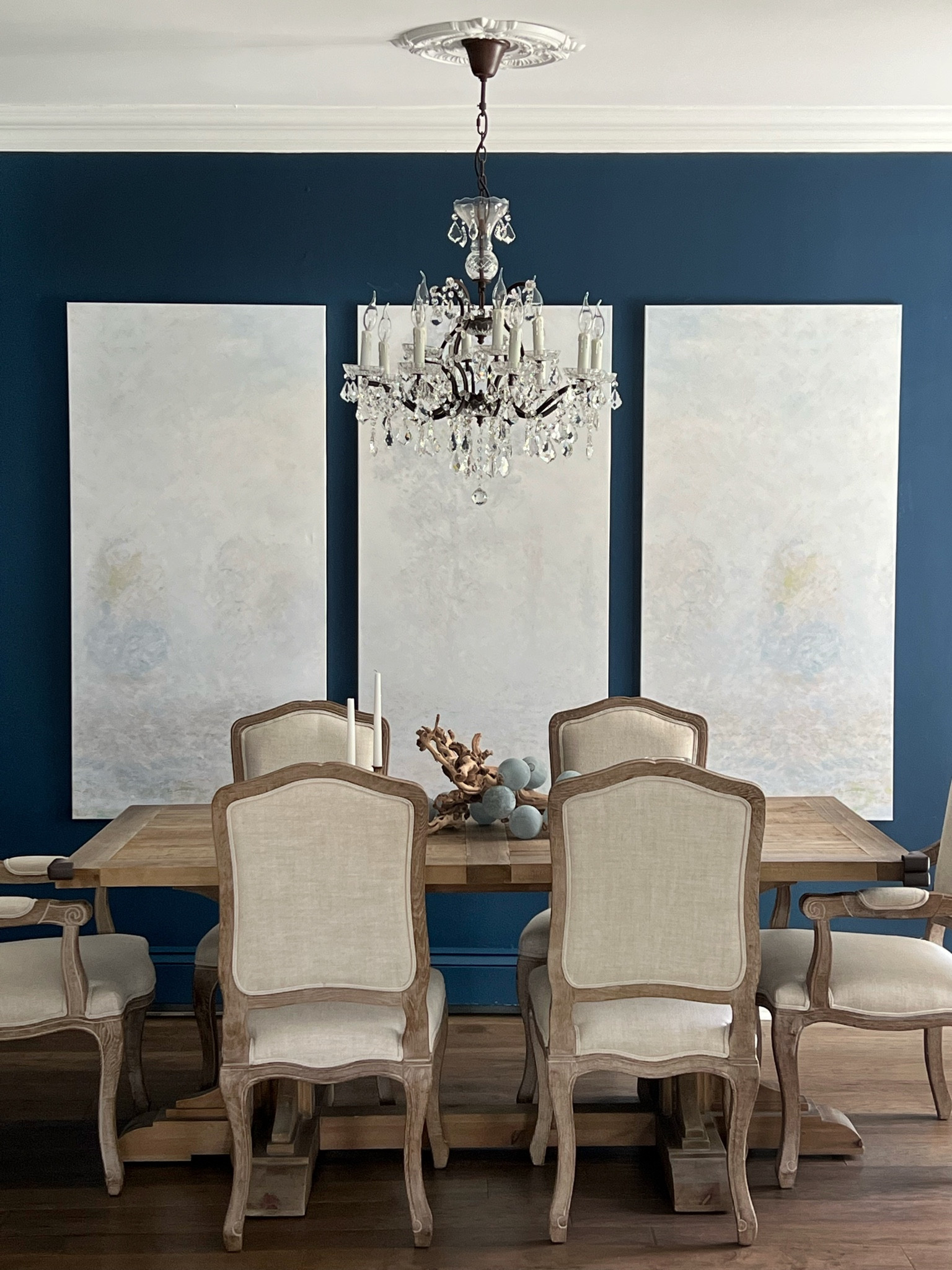 I’m loving my new wall panel murals from #etsy 
#diningroom #wallmural #blueroom
#oak #chandelier #restorationhardware #diningtable 

#LTKFind #LTKstyletip #LTKhome