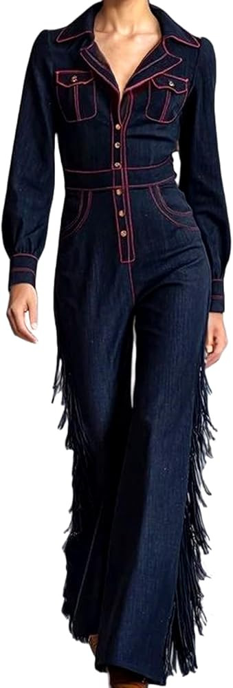Women’s Long Sleeve Denim Jumpsuit, Retro Loose Fit Denim Romper with Lapel & Multiple Pockets ... | Amazon (US)