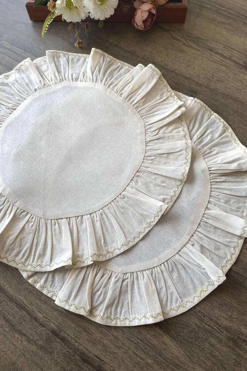 Ruffled Round Placemat Cream Linen Farmhouse, Single Ruffle Edge Table Mat, Washable Dining Decor... | Etsy (US)