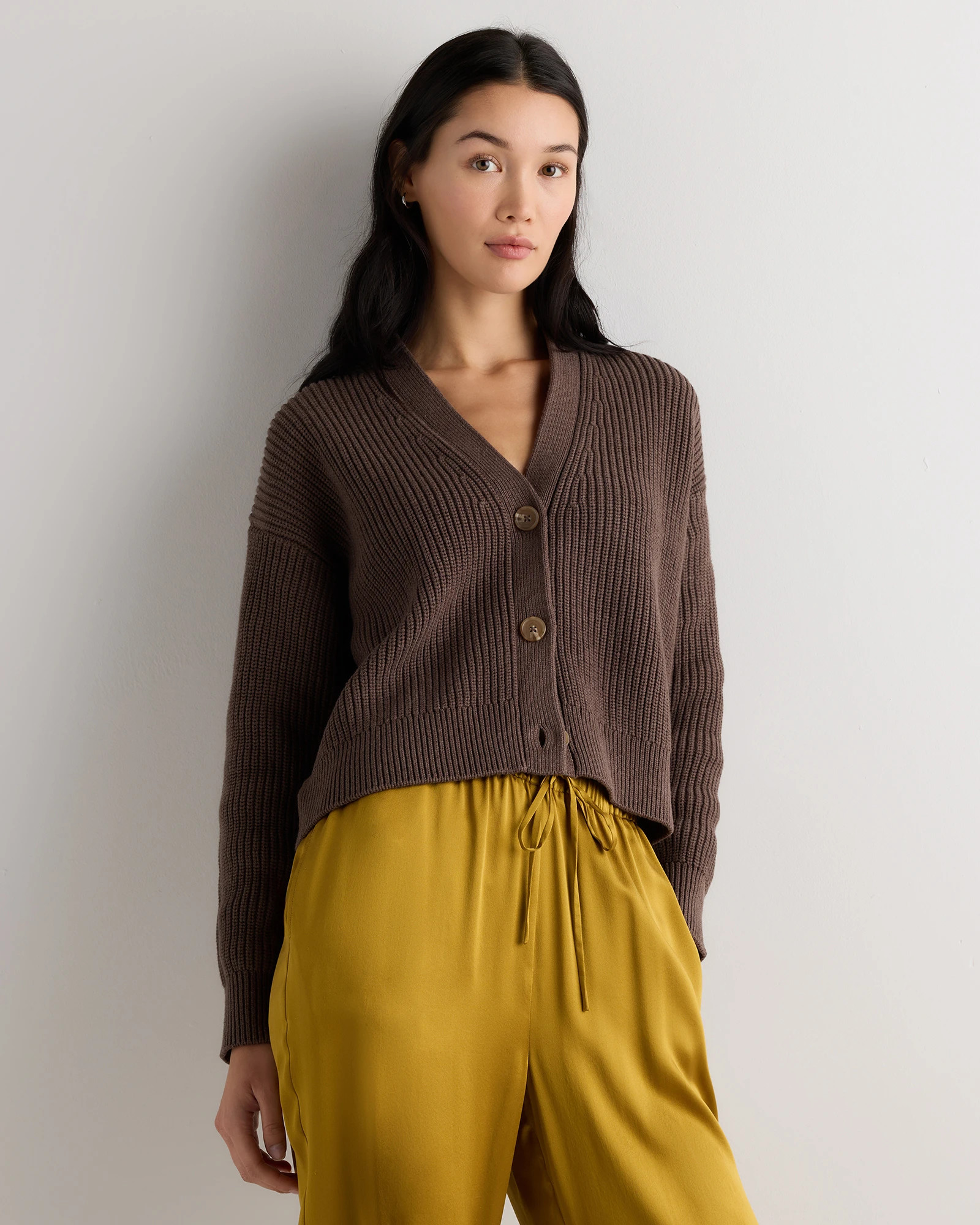 Quince | Women's Fisherman Boxy Cropped Cardigan Sweater in Camel, Size Small, Organic Cotton | Quince