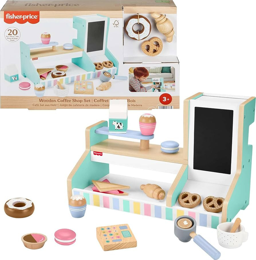 Fisher-Price Wood Pretend Play Coffee Shop & Toy Register, 20-Piece Wooden Food Playset for Presc... | Amazon (US)