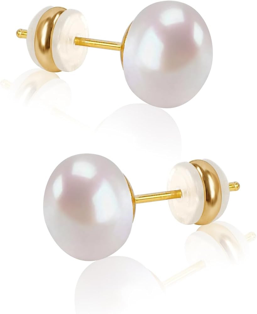 Natural Freshwater Cultured Pearl Stud Earrings, AAAA+Handpicked, Sterling Silver 18K Gold Plated... | Amazon (US)