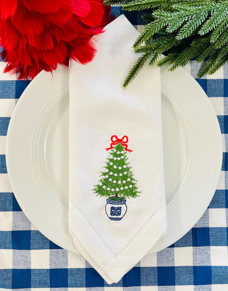 Chinoiserie Christmas and Bow Embroidered Dinner Napkin | Etsy (Global)