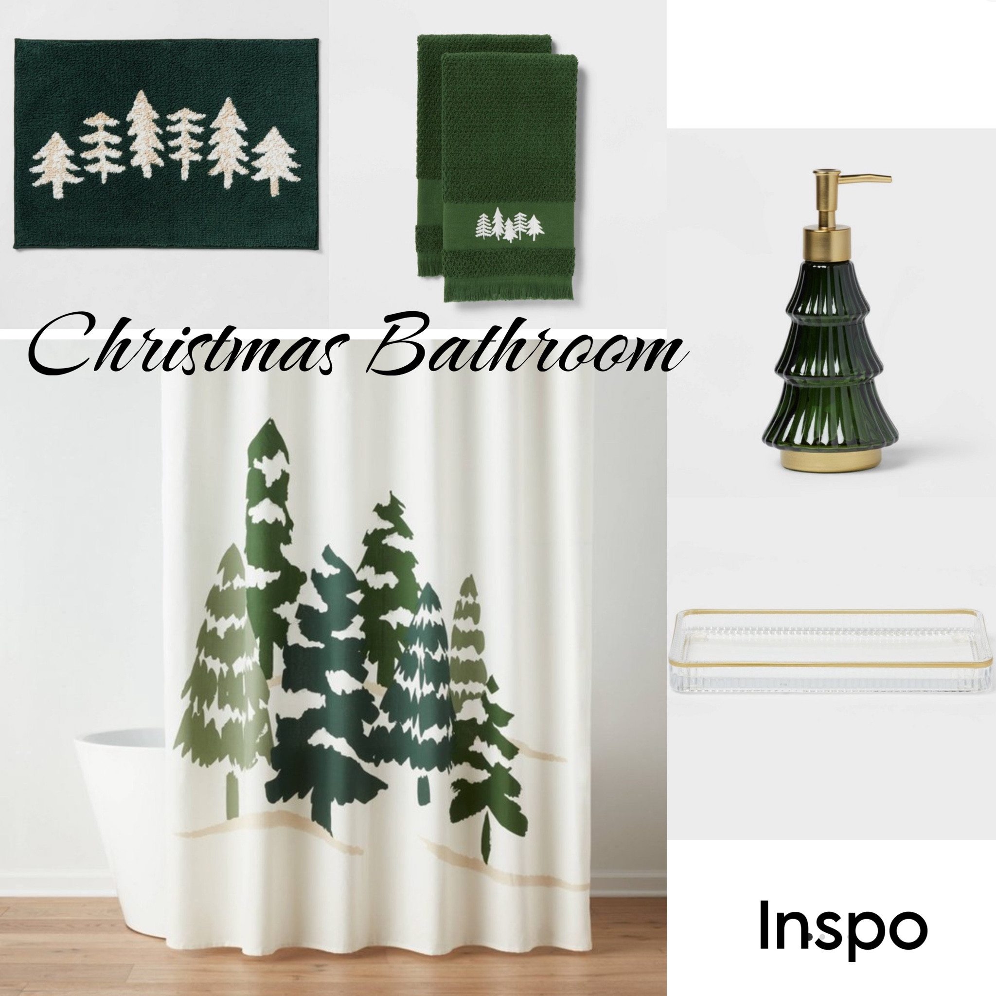 Pine tree Christmas bathroom decor. Bathroom shower curtain, bath rug, bath hand towels, pine tree soap dispenser and tray.

#LTKhome #LTKSeasonal #LTKHoliday