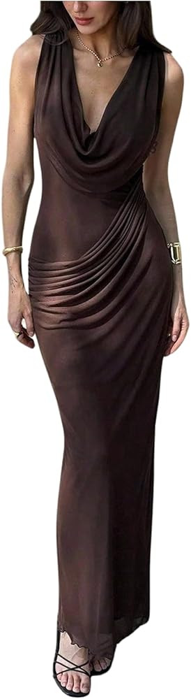 Milumia Women's Elegant Cowl Neck Mesh Maxi Dress Sleeveless Ruched Bodycon Cocktail Party Dresse... | Amazon (US)