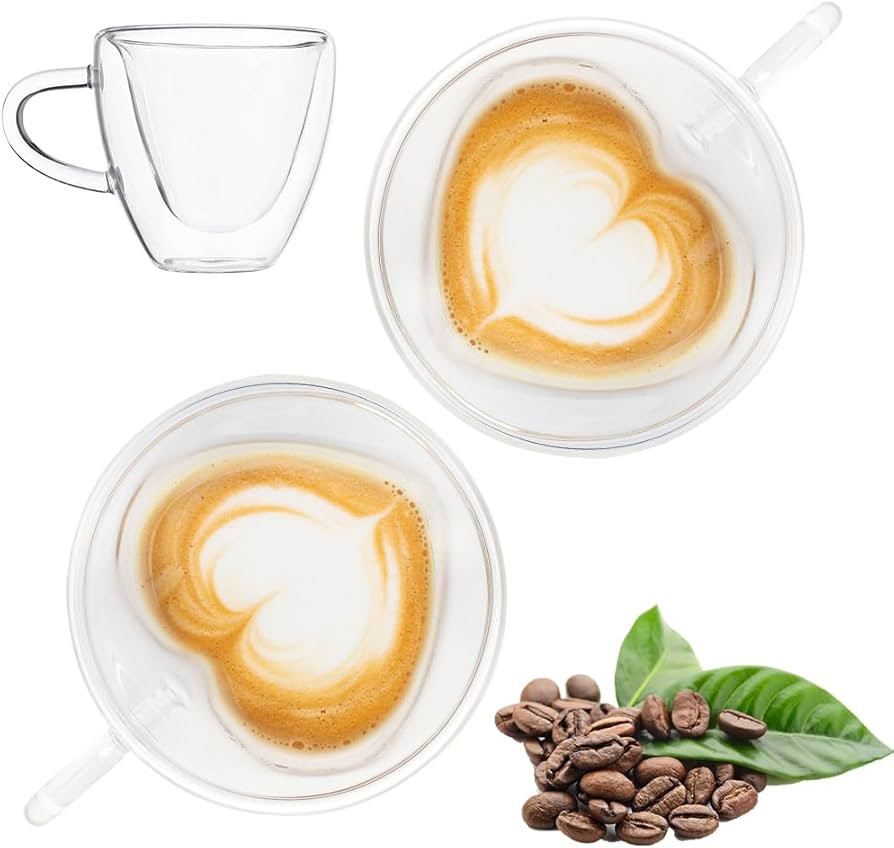 Gohytal Double Walled Coffee Cups Glasses Mugs, 2 Pcs Heart Cappuccino Latte Tea Cups, Heat Resis... | Amazon (UK)