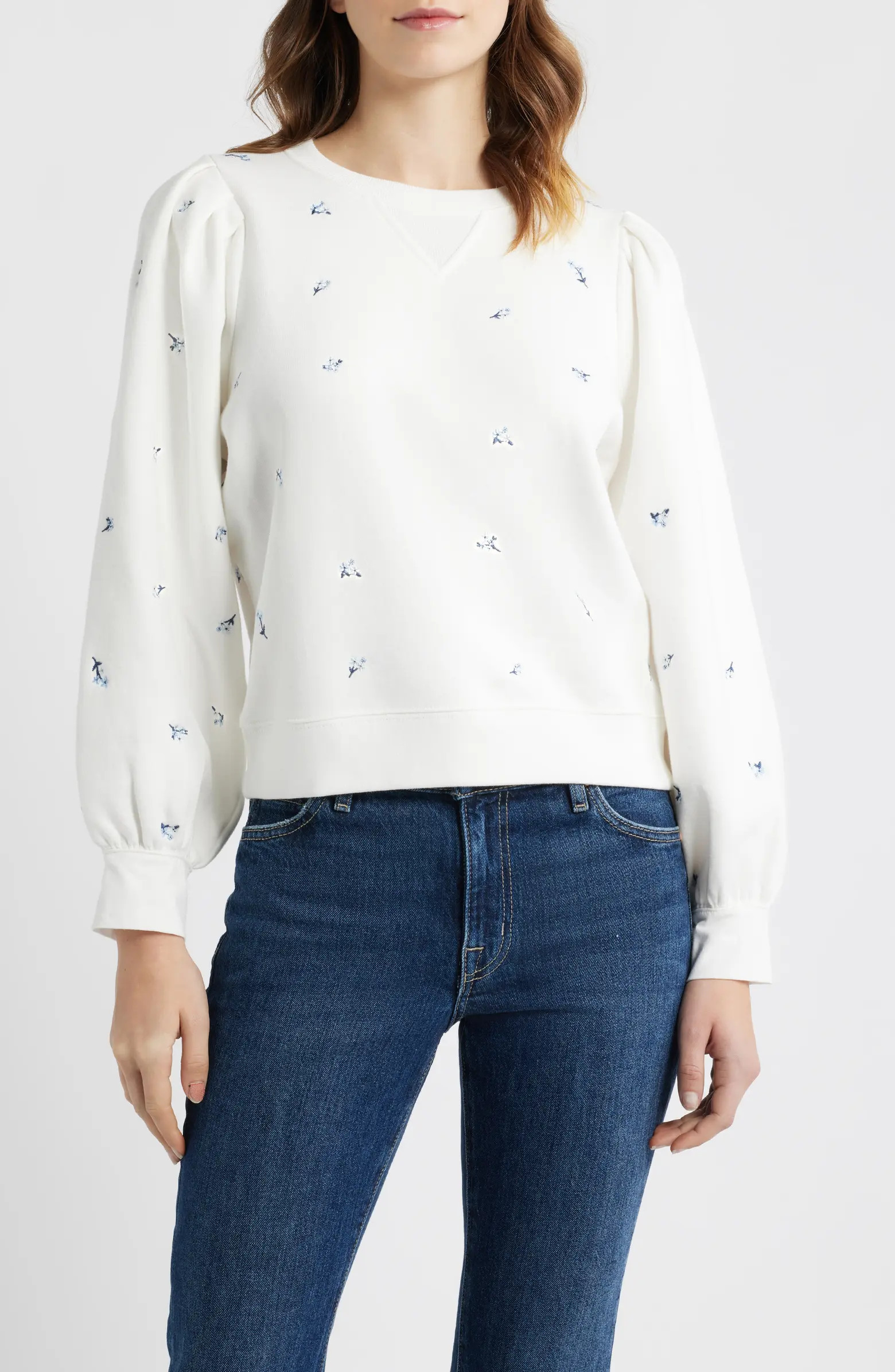 Tiffany Floral Embroidered Balloon Sleeve Cotton Sweatshirt | Nordstrom