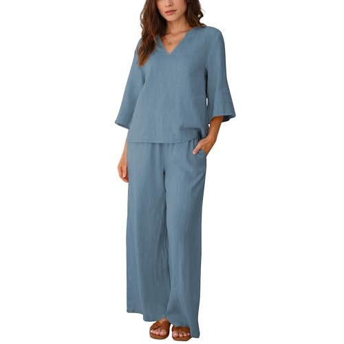 Hixiaohe Womens 2 Piece Outfits Casual 3/4 Sleeve V Neck Tops Wide Leg Pants Linen Lounge Sets Tr... | Amazon (US)
