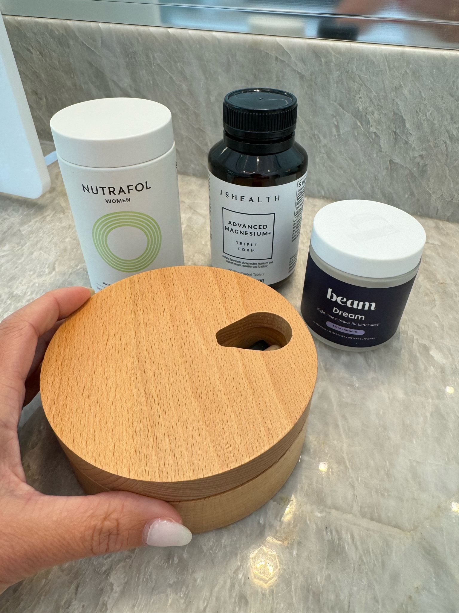 Nutrafol hair vitamins for women. I take these every day!! 
Jshealth magnesium has so many great benefits.
Beam is my go to for a good nights rest!
Amazon pill case 