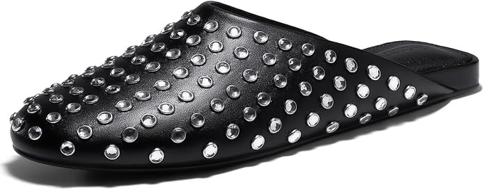Coutgo Women's Rhinestone Mules Flats Sparkly Leather Slip On Shoes Slippers Comfortable Dress Ba... | Amazon (US)