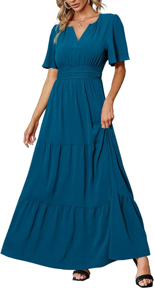 Amegoya Women's Summer Boho Maxi Dresses Casual V Neck Short Sleeve A-line Empire Waist Long Flow... | Amazon (US)
