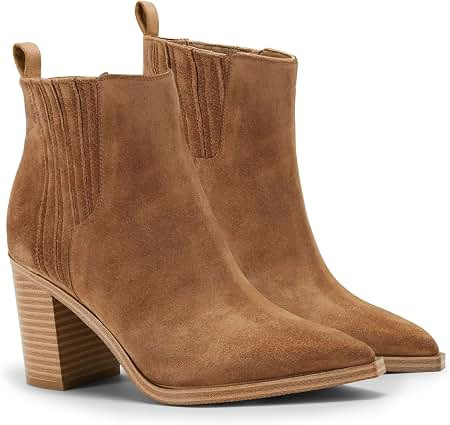 Coutgo Womens Ankle Boots Pointed Toe Chunky Heel Suede Dress Booties | 3.2-inch Stacked Heel, Co... | Amazon (US)