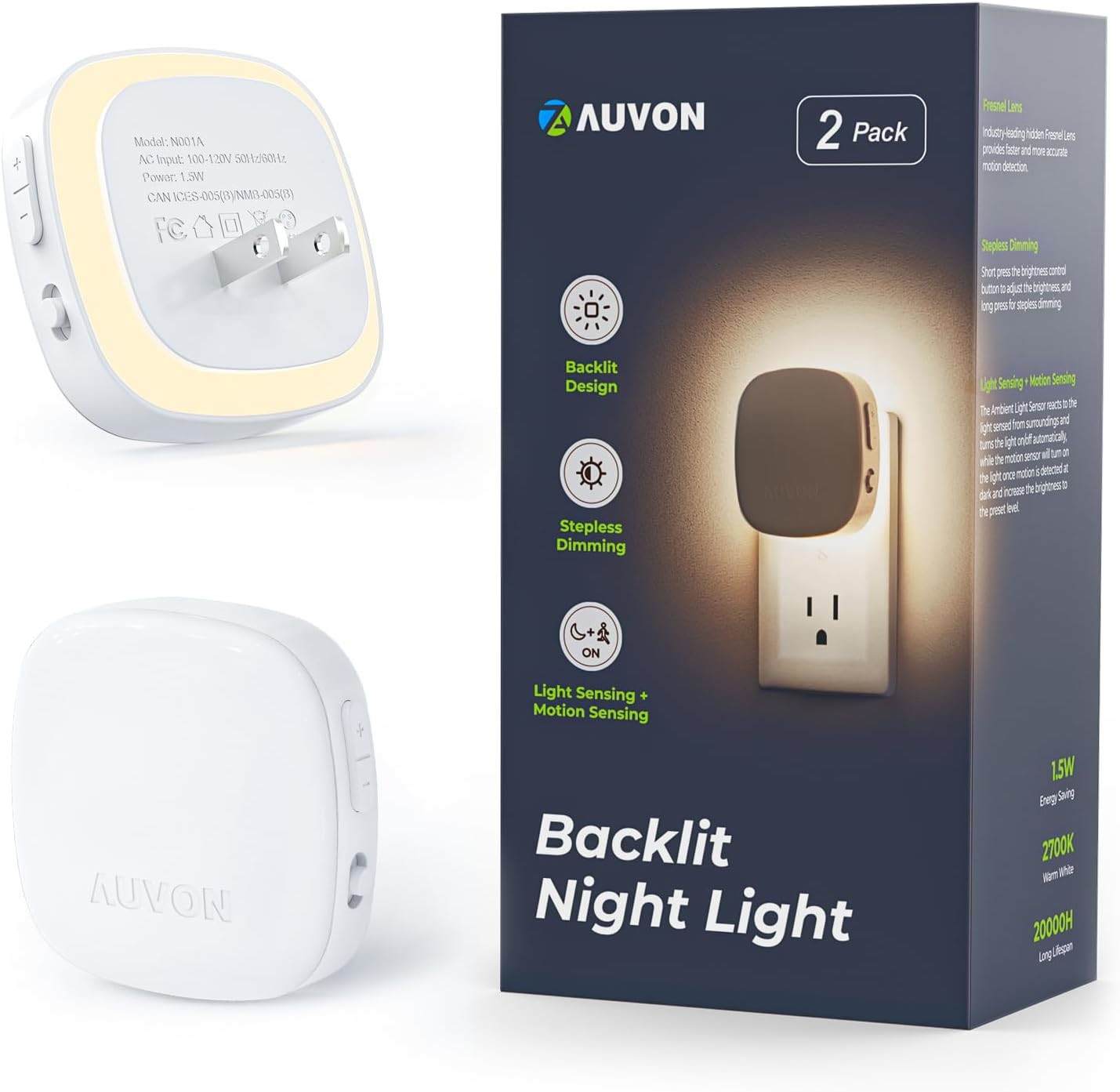 AUVON Plug-in LED Backlit Night Light with Motion Sensor & Dusk to Dawn Sensor, Dimmable Warm Whi... | Amazon (US)