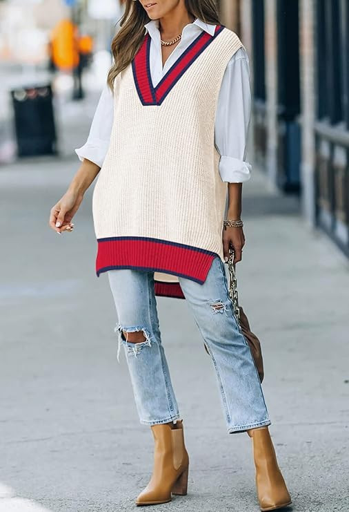 Viottiset Women's Oversized V Neck Knit Sweater Vest Tunic Sleeveless Pullover Top | Amazon (US)