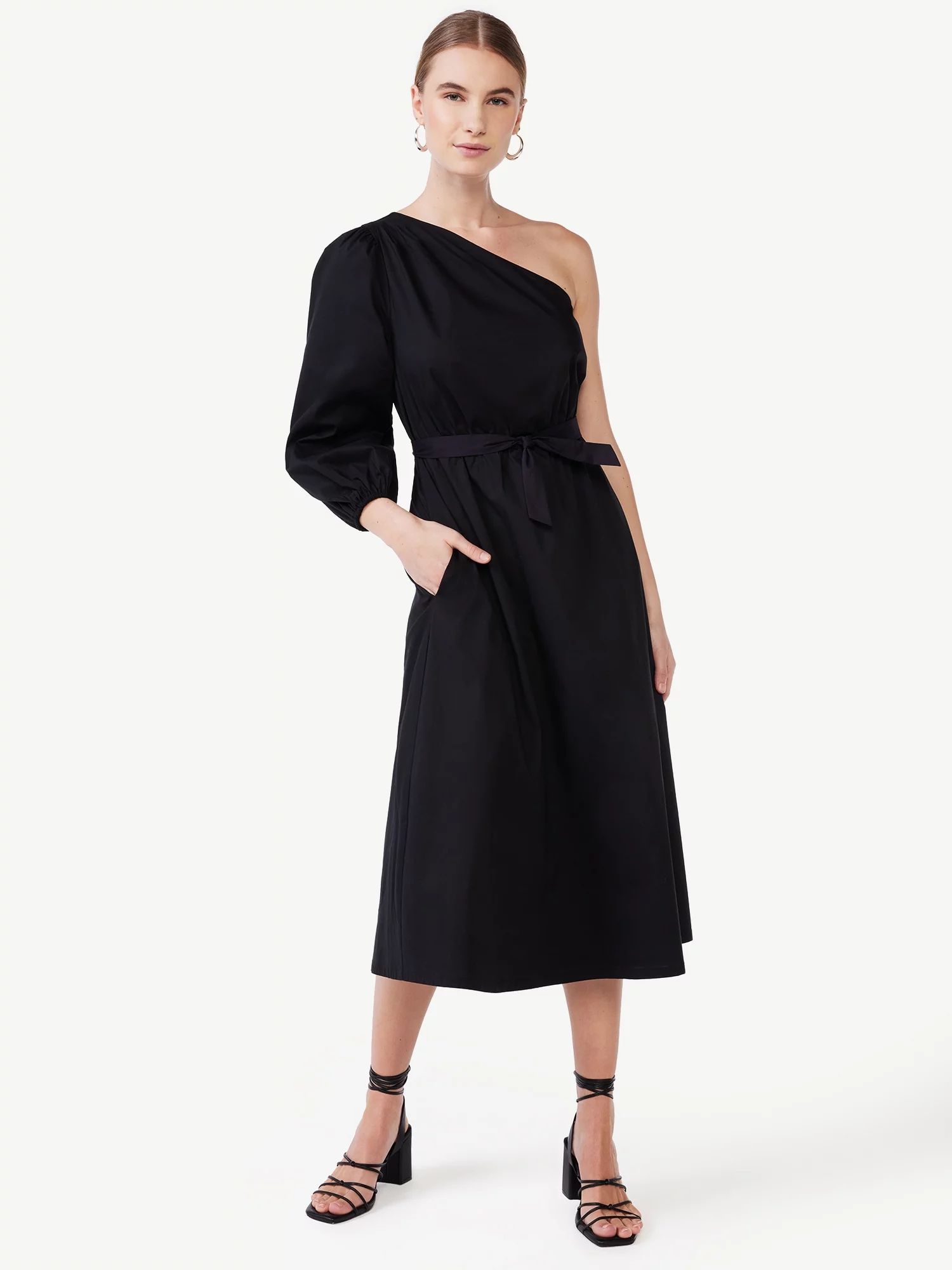 Scoop Women's One Shoulder Poplin Midi Dress, Sizes XS-XXL - Walmart.com | Walmart (US)