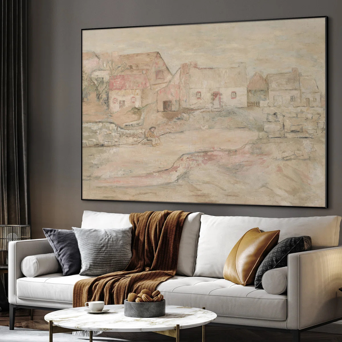 Extra Large Wall Art Fabric Print - Vintage Village Scene Rustic Countryside in Soft Neutral Tone... | Wayfair North America