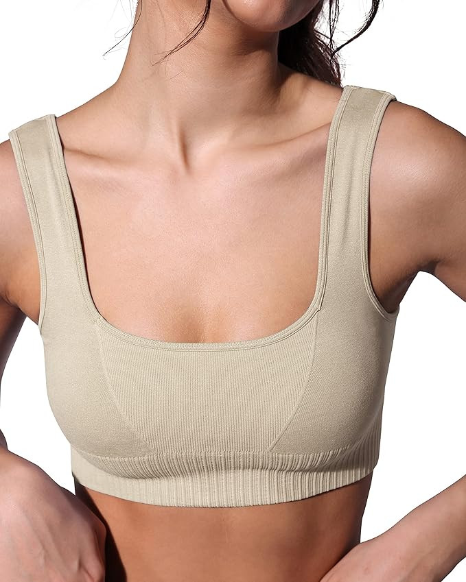 ODODOS Seamless Square Neck Sports Bra for Women Ribbed Crop Tank Casual Low Back Cropped Tops | Amazon (US)