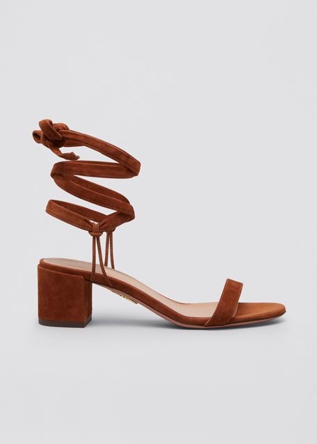 Aquazzura Noha Suede Block-Heel Ankle-Tie Sandals | Bergdorf Goodman