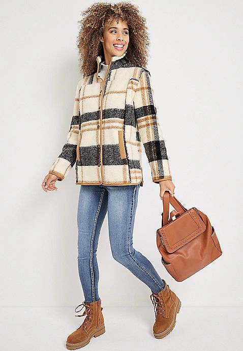 Plaid Sherpa Snap Button Jacket | Maurices