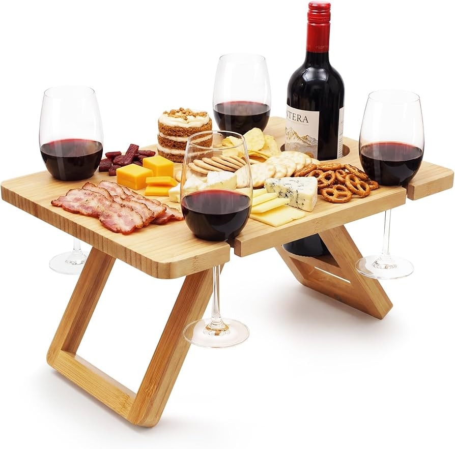 Bamboo Wine Picnic Table, Foldable Portable Charcuterie Tray with Bottle Slot and 4 Glass Holders... | Amazon (US)