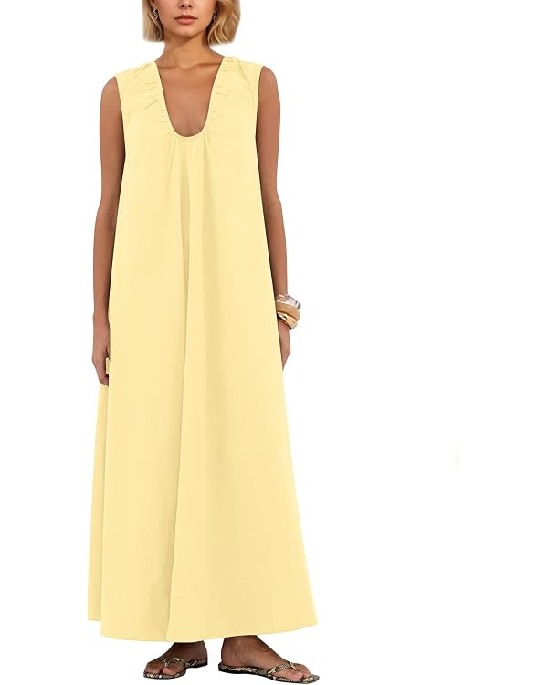 MISSACTIVER Women's Sleeveless Maxi Dress Scoop Neck Ruched Long Dress with Side Pockets Wide Sho... | Amazon (US)