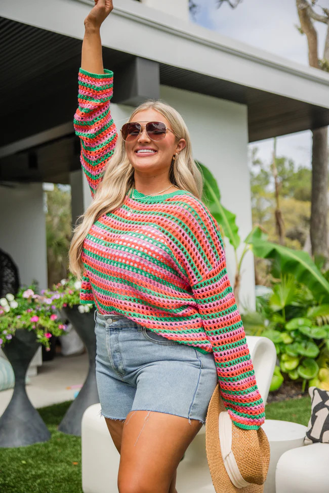 Chasing Rainbows Pink And Green Crochet Sweater | Pink Lily
