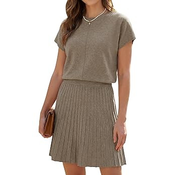 Arach&Cloz Women's Wool Blend Knit 2 Piece Sets Summer Casual Cap Sleeve Tops Pleated Mini Skirt ... | Amazon (US)