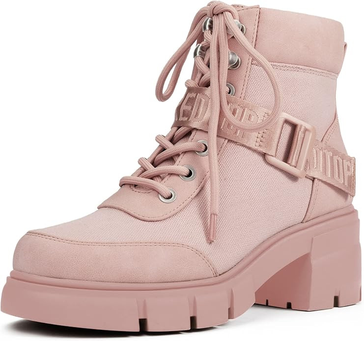 REDTOP Women's Combat Boots Chunky Lug Sole Ankle Boots Lace Up Buckle Casual Shoes | Amazon (US)